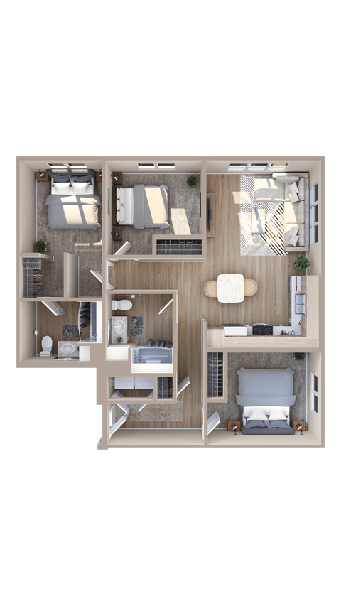 Floor plan for 3 beds, 2 baths, 1307 sqft